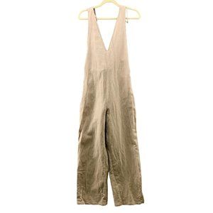 Zara Wide Leg Linen Overalls Beige Nude Womens Small S Full Length V-neck Tie